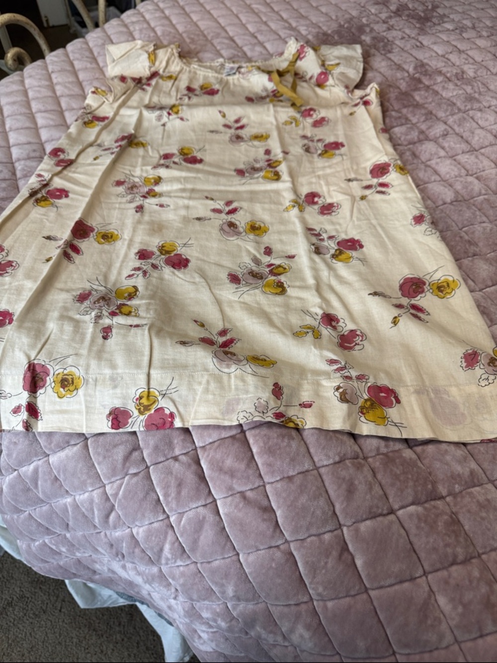 Bonpoint Cream Cotton Dress with Pink & Yellow Floral Print